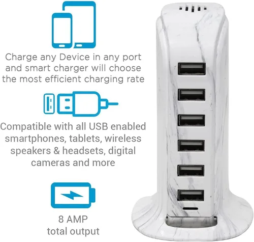 Vista 3 de Aduro Estación de carga de escritorio USB de 40 W, 6 puertos, cargador de pared para iPhone, iPad, tabletas, teléfonos inteligentes con flujo