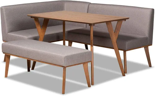 Vista 11 de Baxton Studio Odessa - Banco de comedor tapizado de tela gris y acabado marrón nogal, banco de comedor de madera