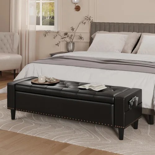 Vista 11 de Banco otomano de almacenamiento de 60 pulgadas, banco de cama tapizado de Blanco crema