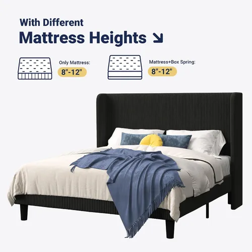 Vista 9 de Allewie Marco de cama tamaño completo con cabecera tapizada tipo wingback, cama plataforma de terciopelo de pana con capitoné de canales verticales