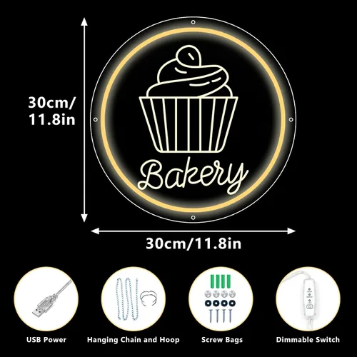 Vista 4 de Letrero de neón de panadería para decoración de pared, luz LED regulable, luz de neón, pasteles, pan, letreros para negocios, postres, alimentos