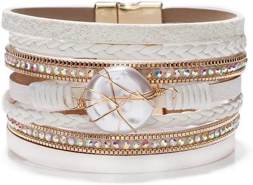 Vista 26 de Fesciory - Pulsera de leopardo para mujer, estilo bohemio de cuero multicapa con perlas de cristal