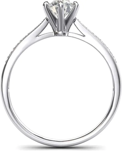 Vista 4 de Anillo de compromiso de oro blanco de 14 k de 1,0 quilates clásico de 6 puntas de diamante simulado con piedras laterales graduadas