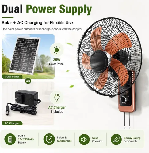 Vista 3 de Ventilador solar de 16 pulgadas con aspas de aluminio, ventilador solar para gallinero con batería con cable de control de 3 velocidades para Negro