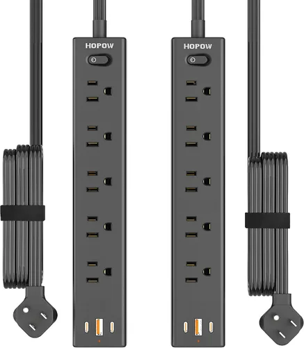 Vista 15 de HOPOW Regleta de alimentación de enchufe plano, cable de extensión ultrafino de 3 pies, protector de sobretensiones con 5 salidas y 3 puertos USB