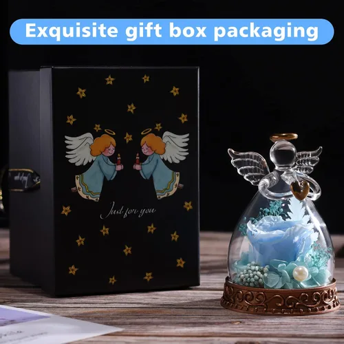 Vista 7 de Figura de ángel de rosa real preservada en vidrio con luz LED, regalos de ángel para mujeres, mamá, abuela en el día de la madre, Navidad, Azul