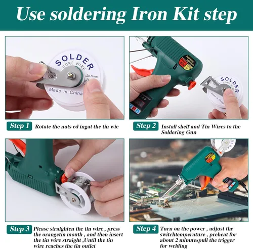 Vista 7 de Kit de pistola de soldadura Larlarsa - Kit de soldador con temperatura ajustable 180-520°C, botón de ENCENDIDO/APAGADO, pistola de soldadura LED