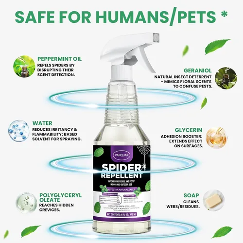 Vista 3 de Spray repelente de insectos y arañas con aceite de menta, totalmente natural, seguro para mascotas, control de insectos para el hogar, cocina
