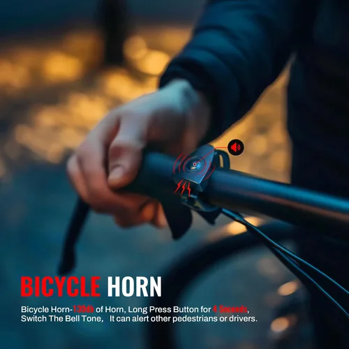 Vista 14 de Juego de luces de bicicleta con bocina 1400LM USB recargable faro de bicicleta y luz trasera y bocina impermeable 3 modos de iluminación se adapta a
