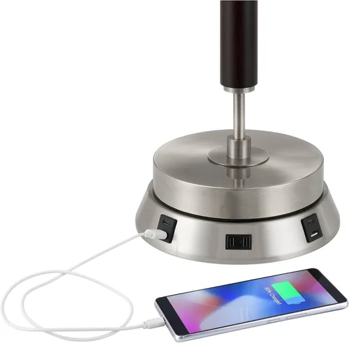 Vista 7 de Base de lámpara de mesa moderna con puertos de carga USB A+C y toma de corriente de CA, sensor táctil de encendido y apagado universal de níquel