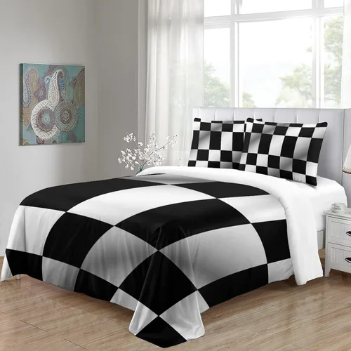 Vista 4 de Funda de edredón a cuadros en blanco y negro con estampado 3D para niños y niñas, fundas de edredón con fundas de almohada, juego de ropa de cama