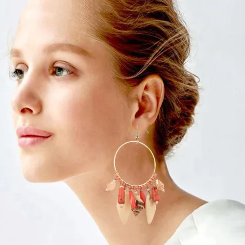 Vista 5 de Touchstone Fresh Bollywood Brass Wire Hoop Shell Glass Beads Hangings Designer Fashion Jewelry Earrings In Antique Gold Tone For Women.