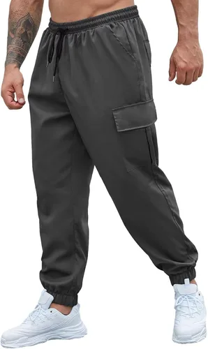Vista 2 de Uni Clau Pantalones cargo casuales para hombre, ligeros, para senderismo, con cordón, múltiples bolsillos