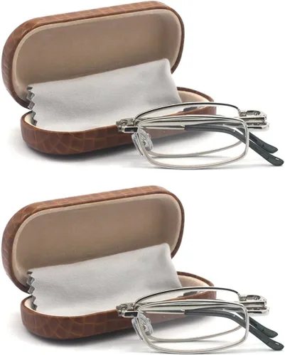 Vista 13 de Gafas de lectura plegables de metal rectangulares compactas con estuche de cuero para hombres y mujeres