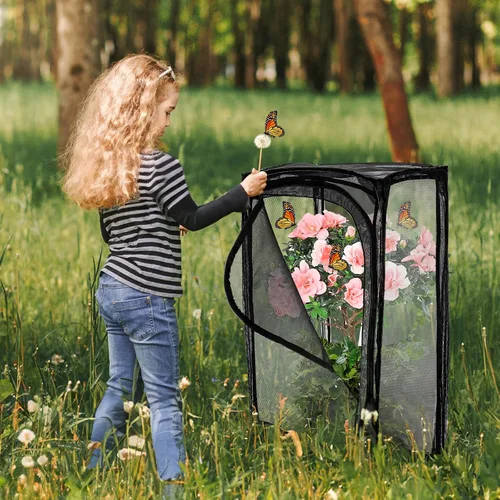 Vista 6 de Kingrol Jaula de hábitat de mariposas de 30 pulgadas, terrario de malla grande con apertura de cremallera, recinto de insectos portátil y plegable