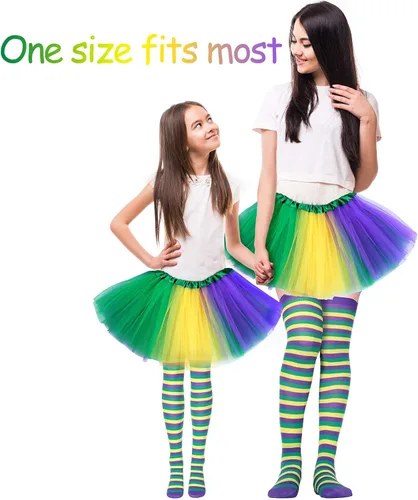 Vista 6 de Juego de 2 piezas de disfraz de Mardi Gras, falda tutú de bailarina colorida y medias a rayas por encima de la rodilla para eventos y fiestas