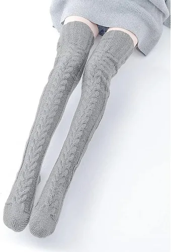 Vista 6 de Pcavin Calcetines altos hasta el muslo para mujer, por encima de la rodilla, calcetines de punto trenzado, calentadores de piernas largos y cálidos