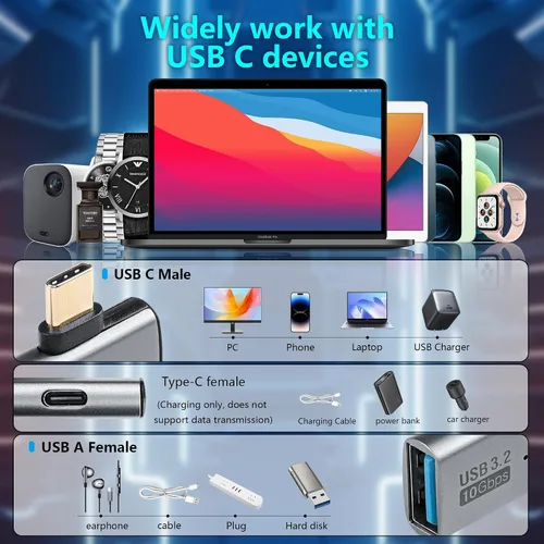 Vista 4 de SinLoon USB C a USB 3.2 10Gbps Tipo C a USB A Adaptador OTG hembra y adaptador de fuente de alimentación PD de 100W para el teléfono de la tableta