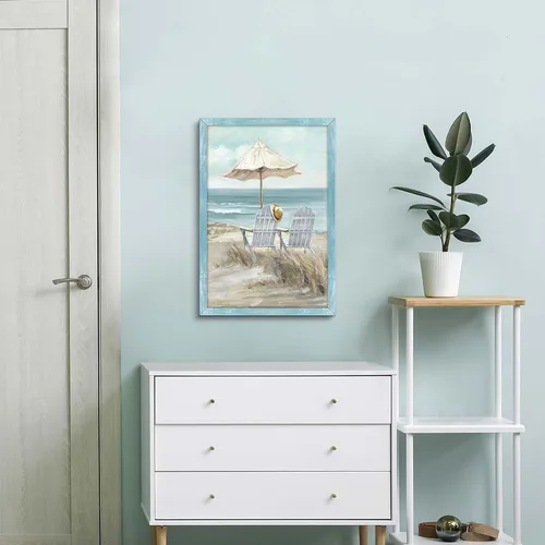 Vista 4 de Arte de pared enmarcado costero abstracto, imagen de silla de playa, pintura moderna del océano, impresiones de paisaje marino relajante, decoración