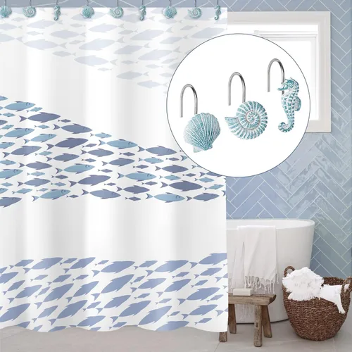 Vista 4 de Sunlit - 12 piezas de ganchos para cortina de ducha azul agua resina, diseño costero de criaturas oceánicas, decoración náutica para baño