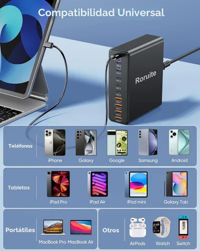 Vista 8 de Estación de carga USB C de 1000W, bloque de cargador USB C súper rápido de 120W PD GaN5 Type C for PC Laptop MacBook Pro/Air 10 Port Charger