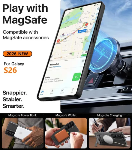 Vista 3 de WTCASE Funda de piel magnética fuerte para Samsung Galaxy S26 con soporte, [compatible con MagSafe], funda delgada y ajustable con función atril