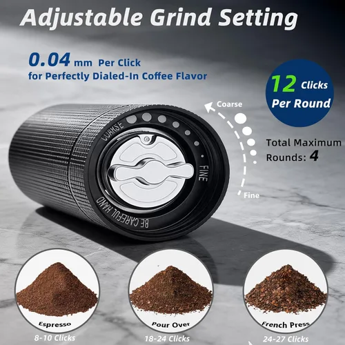 Vista 4 de Molinillo de café manual, rebaba cónica de acero inoxidable con ajuste ajustable, posicionamiento de doble rodamiento para prensa francesa, goteo