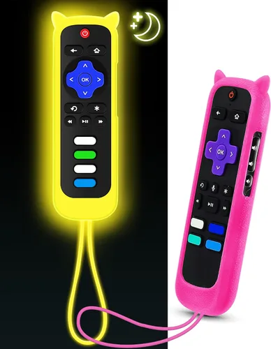 Vista 9 de ONEBOM - Juego de 2 fundas para control remoto Roku con diseño de orejas de Azul resplandor y rosa brillante