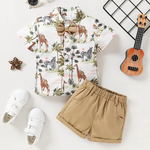 Vista 35 de JEELLIGULAR Conjunto de ropa de verano para bebé niño de manga corta con botones y pantalones cortos, trajes casuales para caballeros de 1 a 6 años