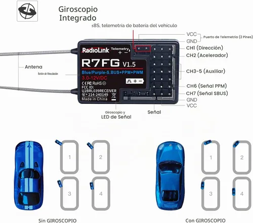 Vista 5 de Radiolink R7FG - Receptor RC Gyro de 7 canales, telemetría de voltaje de largo alcance, a prueba de salpicaduras de agua para RC Crawler, carro