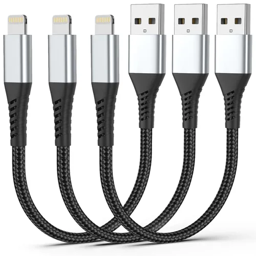 Vista 9 de Cable corto de carga para iPhone de 6 pulgadas, paquete de 3 cables USB a Lightning de 0.5 pies, cable corto trenzado para iPhone de carga rápida