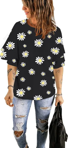 Vista 5 de luvamia Blusa casual de manga acampanada de 34 con cuello redondo para mujer