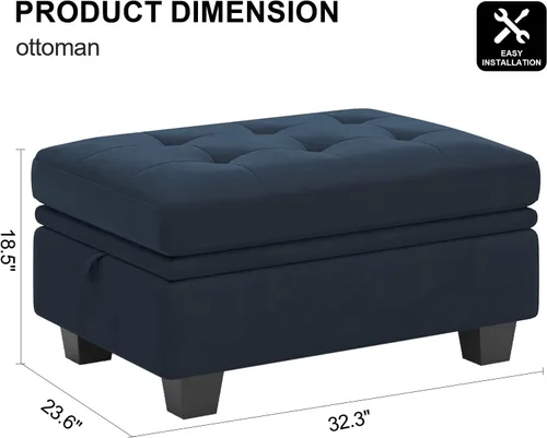 Vista 2 de Belffin Otomana rectangular de terciopelo con almacenamiento, diseño copetudo, color azul