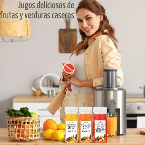 Vista 5 de Sliner 200 botellas pequeñas de plástico de 2 onzas para jugo, botella de jugo de jengibre con tapas, recipiente reutilizable transparente