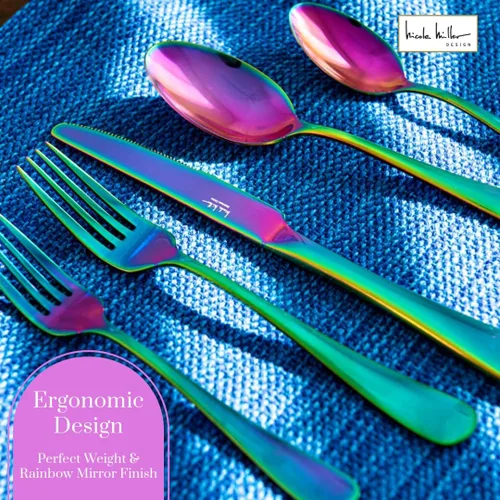 Vista 5 de Nicole Miller - Juego de cubiertos de 20 piezas, diseño de arcoíris, modernos utensilios de cocina de acero inoxidable para un comedor elegante