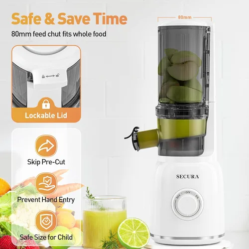 Vista 5 de Secura Exprimidor de prensa en frío con punta de acero inoxidable en espiral y filtro sin malla, exprimidor lento con motor silencioso y función