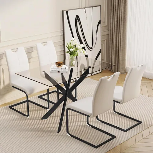 Vista 20 de Juego de mesa de comedor de vidrio de 51 pulgadas para 4 personas con tapa de vidrio templado, color negro Patas de metal negro, sillas de cuero