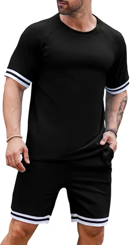 Vista 2 de Babioboa Conjunto corto de 2 piezas para hombre, conjunto deportivo de verano a la moda, casual, pantalones cortos, ajustado, deportivo, sudadera
