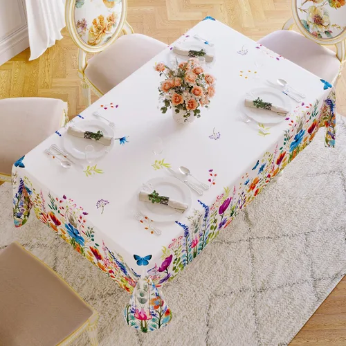 Vista 3 de Softalker Mantel rectangular de primavera – Mantel decorativo impermeable con patrón floral de Pascua, resistente a las manchas, sin arrugas