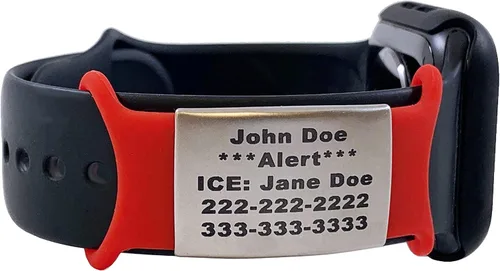 Vista 2 de Pulsera de identificación de alerta de seguridad roja impermeable multiusos, grabado gratuito, accesorio de silicona hipoalergénica con placa