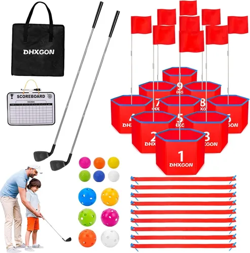 Vista 8 de Juego de golf para patio trasero con 2 palos, campo de golf portátil de 6 agujeros, juego de astillado de golf al aire libre para familias