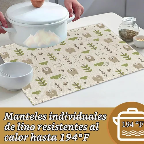 Vista 3 de Manteles individuales con diseños de gato, perro, dinosaurio, rana y oso, lindos patrones de dibujos animados, juego de 6 manteles individuales