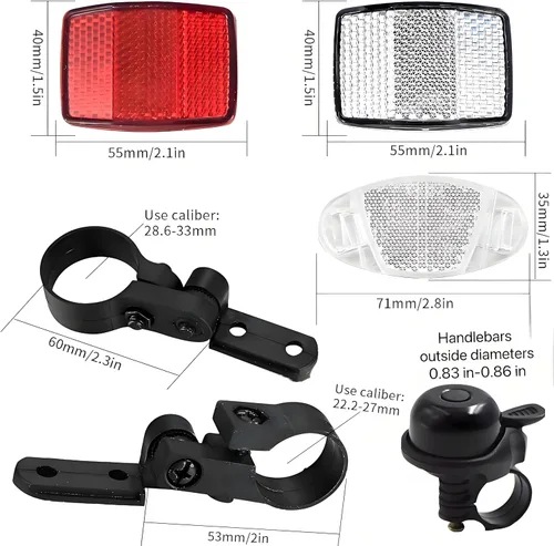Vista 2 de Kit de 8 reflectores delanteros y traseros de bicicleta, kit de reflectores de radios de rueda de bicicleta, con campana de bicicleta de aluminio