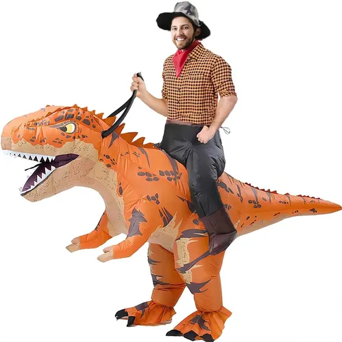 Vista 8 de MXoSUM Disfraz inflable de dinosaurio para adultos, disfraz de jinete T-Rex, divertido disfraz de Halloween para fiesta de cosplay Verde