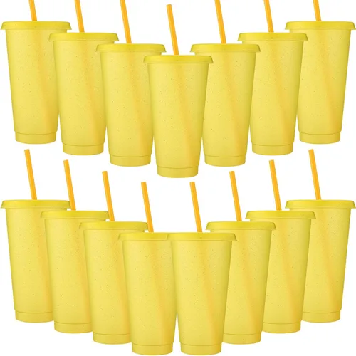 Vista 12 de Honeydak Paquete de 60 vasos con popote y tapa, vasos a granel para regalos, tazas de café de plástico con purpurina de 24 a 27 onzas, botella