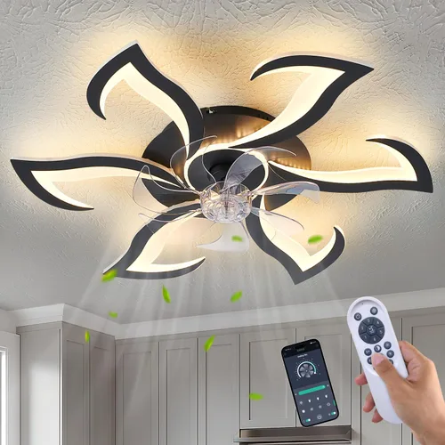 Vista 13 de Ventilador de techo de perfil bajo con control remoto y aplicación, motor silencioso y luz LED regulable, ventilador de techo de montaje empotrado