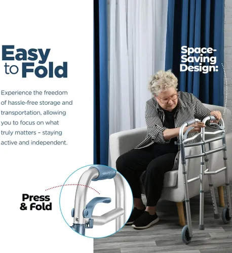 Vista 4 de Andadores Medical King para personas mayores, andador de aluminio ligero con ruedas, ancho y altura ajustables, andador plegable para ancianos