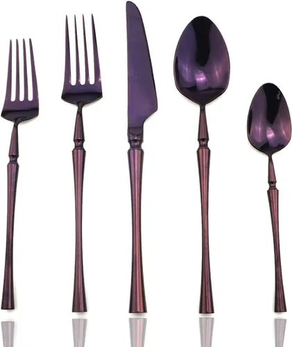 Vista 11 de JASHII Juego de cubiertos de acero inoxidable de 6 piezas, servicio para 1 juego de vajilla de cocina, elegante juego de vajilla morada, cuchillo