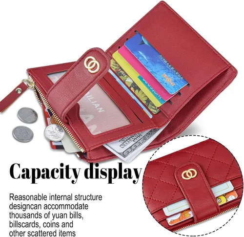Vista 2 de Cartera pequeña para mujer, de cuero, plegable, con bloqueo RFID, tarjetero compacto para tarjetas de crédito, cartera, Negro -, Billetera Billetera