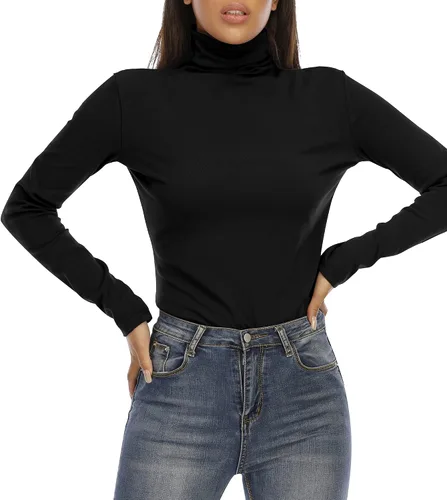 Vista 2 de Camiseta básica de algodón de manga larga de cuello alto para mujer Slim Fit elástico Tee Tops